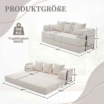 Folding Compression Sofa with Metal Frame, Side Pockets Plus 3 Pillows. Freely Configurable. Modern Metal-fabric Combination