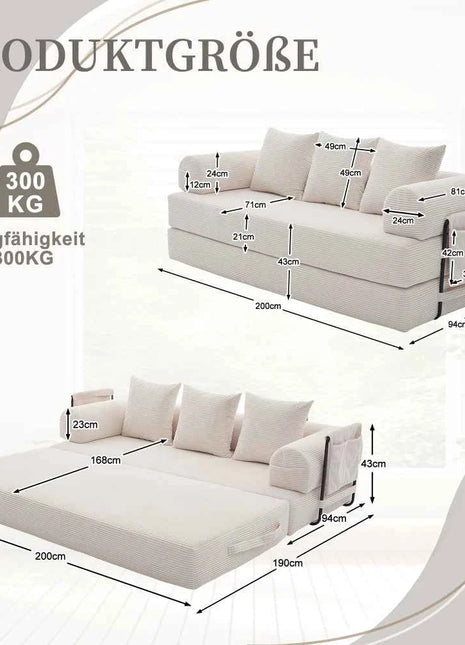 Folding Compression Sofa with Metal Frame, Side Pockets Plus 3 Pillows. Freely Configurable. Modern Metal-fabric Combination