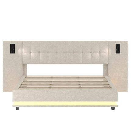 KOMHTOM Padding bed 180x200cm Linen with LED strip headboard spot and USB port-Without mattress