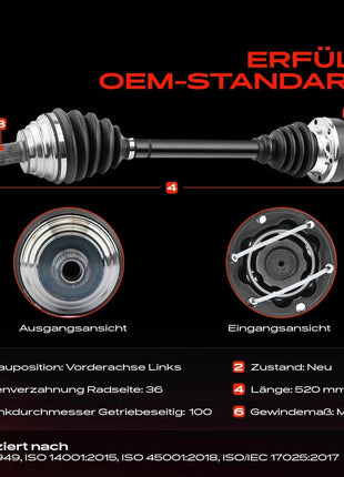 Frankberg 1x Albero di Trasmissione Anteriore Sinistro per VW Golf Passat Touran Audi A3 Skoda Octavia Seat 1K0407271BK 1K0407451LX