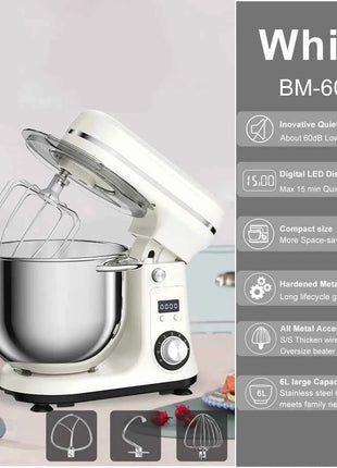 BioloMix 6-speed Kitchen Food Stand Mixer 1200W DC Quiet Motor  6L Stainless Steel Bowl with Cream Egg Whisk Whip Dough Kneader