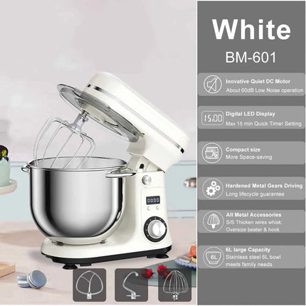 BioloMix 6-speed Kitchen Food Stand Mixer 1200W DC Quiet Motor  6L Stainless Steel Bowl with Cream Egg Whisk Whip Dough Kneader