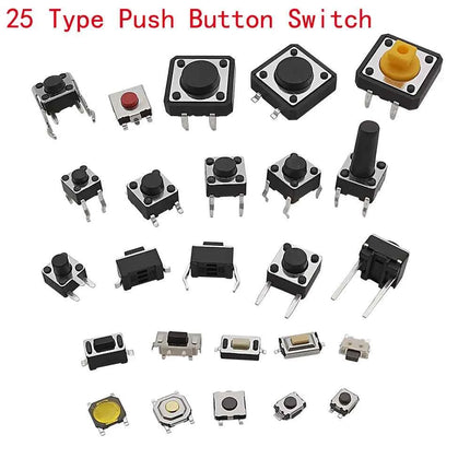125 Pz/lotto 25 Tipi Touch Switch Micro Pulsante Kit Assortito 2*4 3*6 4*4 6*6 12*12mm per TV Giocattoli Casa Usee Uso FAI DA TE