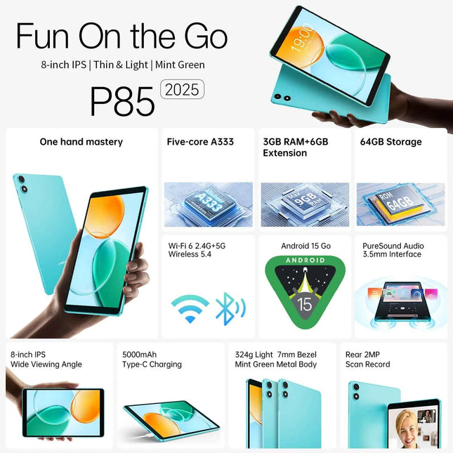 Teclast P85 Android 15 Tablet 8 pollici IPS 3 + 6 GB RAM 64 GB ROM A333 5-core Widevine L1 Wi-fi 6 Tipo-C 5000 mAh Tablet PC Corpo in metallo