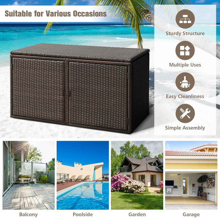 335L Patio Rattan Storage Box, Outdoor All-weather Wicker Pool Storage Container with Lid & 2 Shelves, Garden Storage Bin