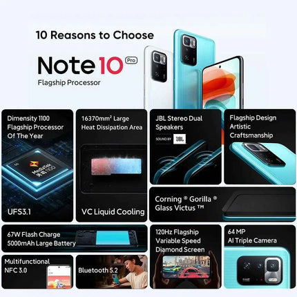Smartphone 5G Xiaomi Redmi Note 10 Pro Global ROM Dimensity 1100 Octa Core 120Hz 6.6" FHD + Display 64MP 128GB/256GB 5000mAh NFC