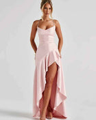 Mozision Satin Spaghetti Strap Ruffle Sexy Maxi Dress Women Off-shoulder Sleeveless Backless Thigh High Split Club Party Dress