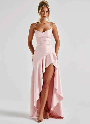Mozision Satin Spaghetti Strap Ruffle Sexy Maxi Dress Women Off-shoulder Sleeveless Backless Thigh High Split Club Party Dress