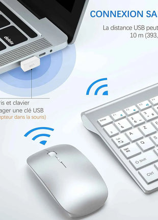 AZERTY French Layout 2.4G Mouse Keyboard Ultra-Slim Wireless Keyboard and Mouse Set Silent Compact for PC Laptop Windows