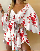 Women's Sexy V-Neck Batwing Sleeve Ruffle Floral Print Bohemian Beach Dress Summer Women's Loose Mini Dresses for Summer Vacation