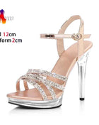 Sandali da donna a spillo argento 12CM Tacchi alti a fascia stretta lucida Sandali da donna eleganti di grandi dimensioni Scarpe da sposa estive da sposa