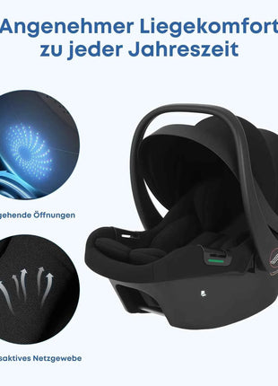 Babyvoyage Black Baby Car Seat with Isofix Base Station UPF45+ Sun Protection Comfortable Breathable Mesh I-Size Infant Car Seat