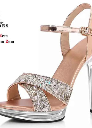 Sandali con plateau con tacco alto con glitter di cristallo da 12 cm per donna Scarpe da sposa trasparenti antiscivolo Calzature da prestazione modello femminile