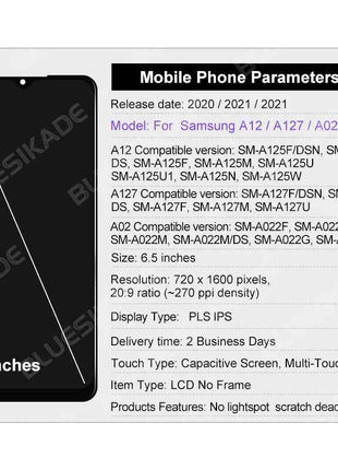 Display OLED da 6,5 pollici per Samsung Galaxy A12 Nacho LCD A127, Schermo Touch A12 LCD A125, Ricambi Display A02 A022