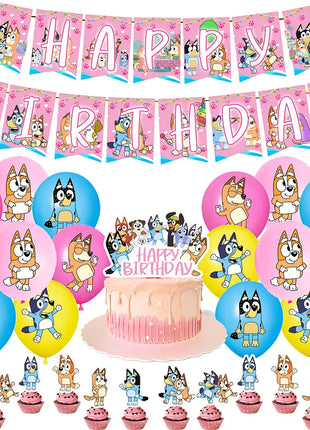 Set di stoviglie usa e getta a tema famiglia Bluey, piatto, striscione, topper per torta, bandierine, palloncini Bingo, decorazioni per compleanno.
