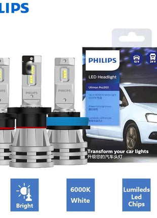 Philips H4 H7 H11 LED Ultinon Pro3101 H1 H3 HB3 HB4 HIR2 9005 9006 9012 Lumileds LED Car Headlight 6000K Bright White Bulbs, 2x
