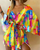 Women's Sexy V-Neck Batwing Sleeve Ruffle Floral Print Bohemian Beach Dress Summer Women's Loose Mini Dresses for Summer Vacation