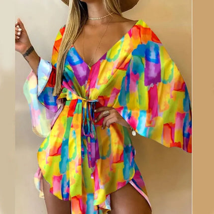 Abito da donna con stampa sexy scollo a V manica a pipistrello con volant fiori stampa Bohemian Beach vestito estivo da donna mini abiti larghi per le vacanze estive