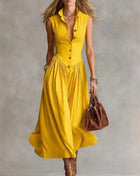 2026 Women's Summer Sleeveless Long Dress, Sexy, Button-Down Lapel, High-Waisted, Bohemian Style, Ruffled, Solid Color, for Holidays