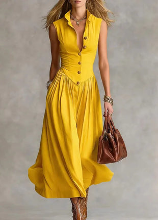 2026 Women's Summer Sleeveless Long Dress, Sexy, Button-Down Lapel, High-Waisted, Bohemian Style, Ruffled, Solid Color, for Holidays
