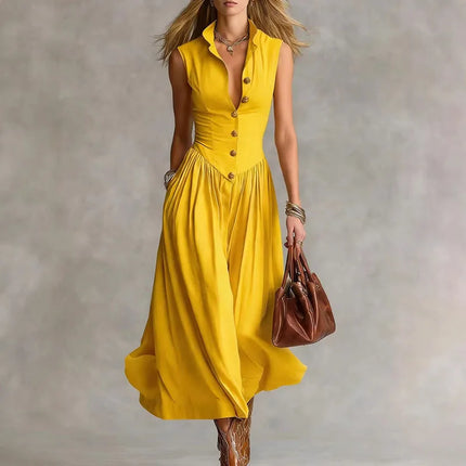 Abito lungo estivo da donna 2026 senza maniche, sexy, con bottoni e risvolto, a vita alta, stile bohémien, arricciato, tinta unita, per vacanze