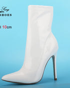 10CM 12CM Women Sexy Ankle Boots Zipper Thin Heels Short Boot Shiny Patent Leather High Heels Office Shoes Woman Bota Feminina