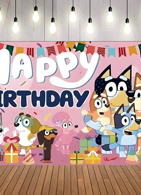 Sfondo in Tessuto per Feste di Compleanno a Tema Bluey, Decorazione Murale per Bambini e Ragazzi