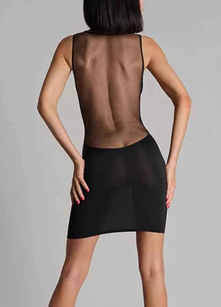 Abiti alla Moda Minimalisti e Sexy con Inserti in Rete Nera, Scollo a V Profondo, Senza Maniche, Aderenti e Versatili, Gonne Mini con Collo Rotondo
