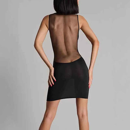 Abiti alla Moda Minimalisti e Sexy con Inserti in Rete Nera, Scollo a V Profondo, Senza Maniche, Aderenti e Versatili, Gonne Mini con Collo Rotondo