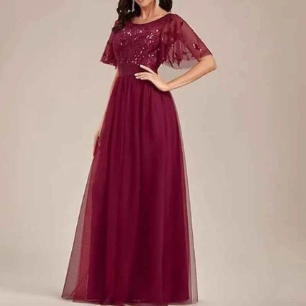 European and American Wine Red Evening Gown with Round Neck Flared Sleeves and Mesh Long Dress for Wedding 2026new Wedding Dress