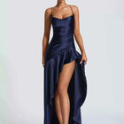 Mozision Satin Spaghetti Strap Ruffle Sexy Maxi Dress Women Off-shoulder Sleeveless Backless Thigh High Split Club Party Dress