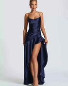 Mozision Satin Spaghetti Strap Ruffle Sexy Maxi Dress Women Off-shoulder Sleeveless Backless Thigh High Split Club Party Dress