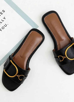 Pantofole piatte da donna estate in pelle punta quadrata donna appartamenti infradito Designer signore diapositive sandali scarpe da donna sandali di lusso