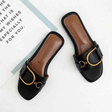 Pantofole piatte da donna estate in pelle punta quadrata donna appartamenti infradito Designer signore diapositive sandali scarpe da donna sandali di lusso
