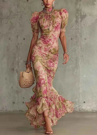 Abito da Sera Lungo Elegante con Stampa Floreale, Maniche Corte in Rete, Versatile, Stile Sirena, Aderente, Sexy con Inserti in Pizzo