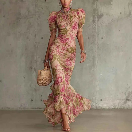 Abito da Sera Lungo Elegante con Stampa Floreale, Maniche Corte in Rete, Versatile, Stile Sirena, Aderente, Sexy con Inserti in Pizzo