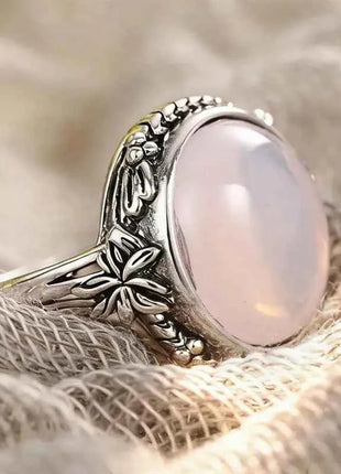 Anello Huitan con Foglia Incisa Stile Fresco per Donna, Imitazione Pietra di Luna, Elegante per Matrimoni e Feste, Accessorio Trendy, Gioiello Versatile