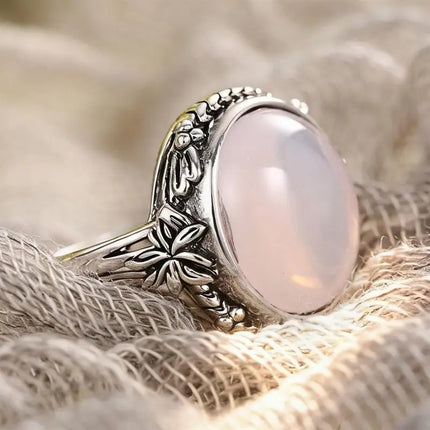 Anello Huitan con Foglia Incisa Stile Fresco per Donna, Imitazione Pietra di Luna, Elegante per Matrimoni e Feste, Accessorio Trendy, Gioiello Versatile
