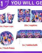 Decorazioni per feste di compleanno a tema stoviglie: tovaglioli di carta, bicchieri, piatti, scatole per caramelle, sacchetti regalo, striscioni e fondali per feste per bambini