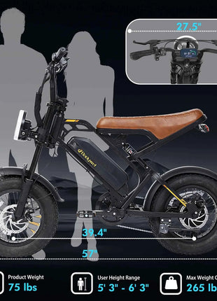 Bodywel M16 Adult ebike 250W Men's E-Mountain Bike 48V 13.5AH 16 Inch Fat Tire Off-Road Electric Bicycle UK/EU Warehouse