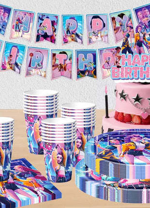 Decorazioni per feste di compleanno a tema stoviglie: tovaglioli di carta, bicchieri, piatti, scatole per caramelle, sacchetti regalo, striscioni e fondali per feste per bambini