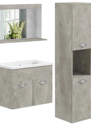 Kleankin 4-Piece Furniture Bathroom Set with 60cm Ceramic Wash Basin, Bathroom Furniture, Wooden Column and Mirror, Grey
