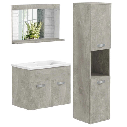 Kleankin 4-Piece Furniture Bathroom Set with 60cm Ceramic Wash Basin, Bathroom Furniture, Wooden Column and Mirror, Grey