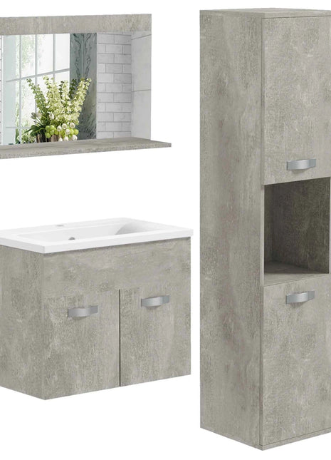 Kleankin 4-Piece Furniture Bathroom Set with 60cm Ceramic Wash Basin, Bathroom Furniture, Wooden Column and Mirror, Grey