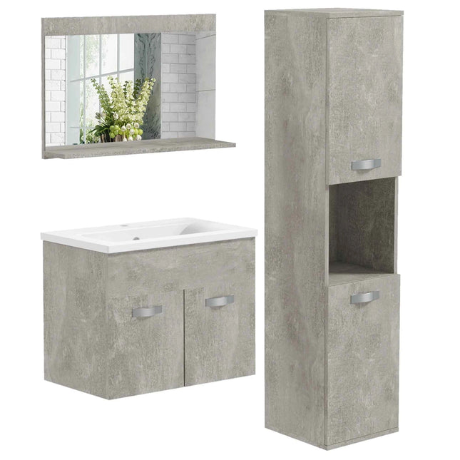 Kleankin 4-Piece Furniture Bathroom Set with 60cm Ceramic Wash Basin, Bathroom Furniture, Wooden Column and Mirror, Grey