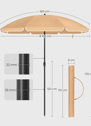 SONGMICS Ombrellone di 160 cm, UPF 50+, Inclinazione Bidirezionale a 30°, Altezza Regolabile, con Borsa da Trasporto, per Balcone Giardino Terrazzo Spiaggia, senza Base