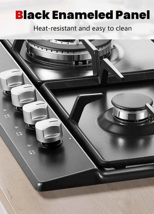 4 Burners Black Enamelled Plate 58 cm Automatic Flame Protection, Natural Gas and Propane Gas, Built-in Gas Hob