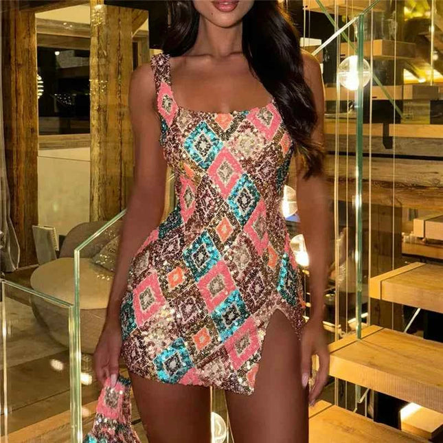 Colorful Diamond Pattern Sequin Slit Sexy Dress Women Elegant Party Club Dress Backless Mini Summer Dress Luxury Vestidos