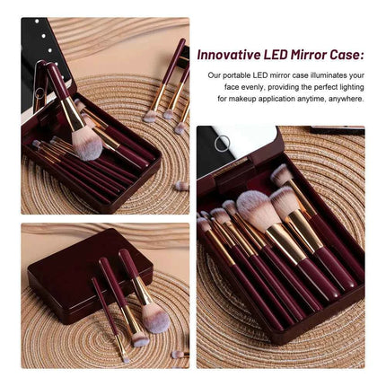 14 PCS Makeup Brush Set With Illuminated Mirror Portable Short Handle LED Light USB Rechargeable Makeup Brushes Kit