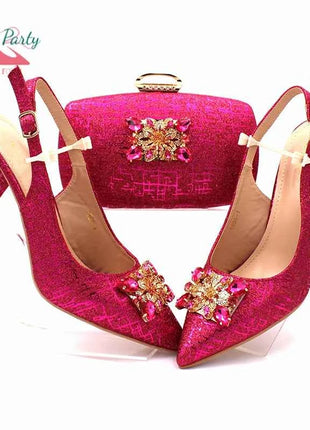 Set di Scarpe e Borsa per Donna Africana in Colore Fucsia, Design Classico Italiano di Alta Qualità con Cristalli Brillanti per Matrimoni e Feste